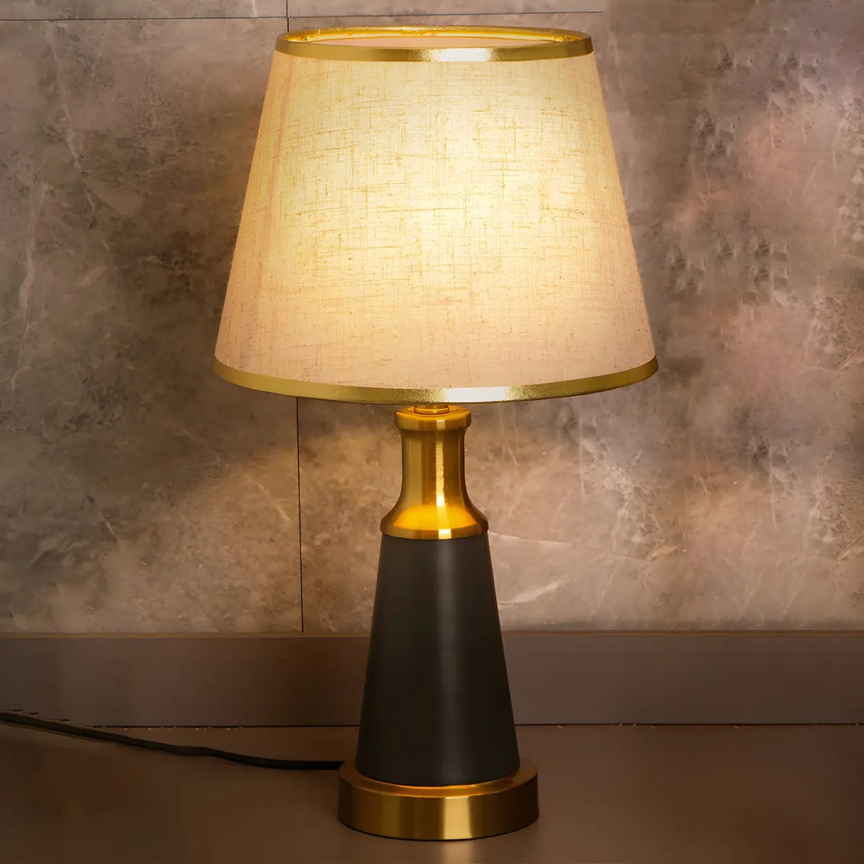 Vintage Fabric Metal Cone Base Bedroom Table Lamp Image - 2