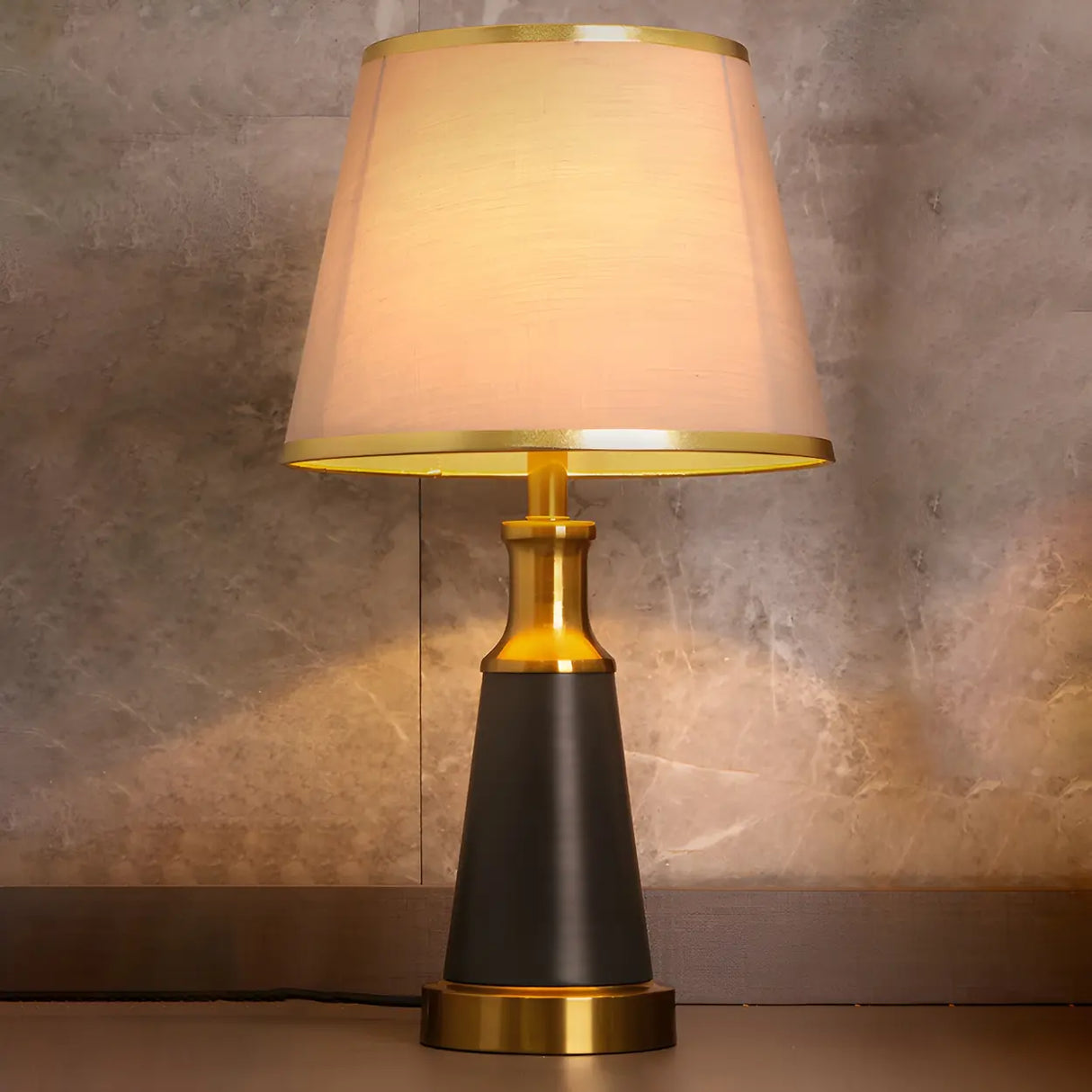 Vintage Fabric Metal Cone Base Bedroom Table Lamp Image - 7