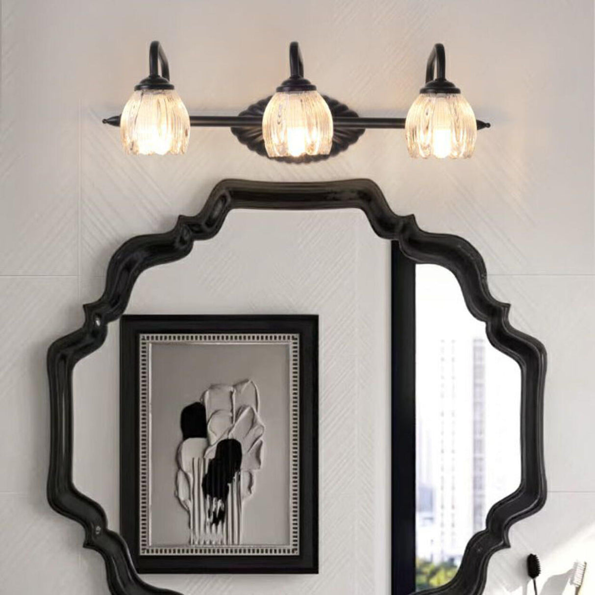 Vintage Flower Glass 3-Light Black Vanity Wall Light Image - 1