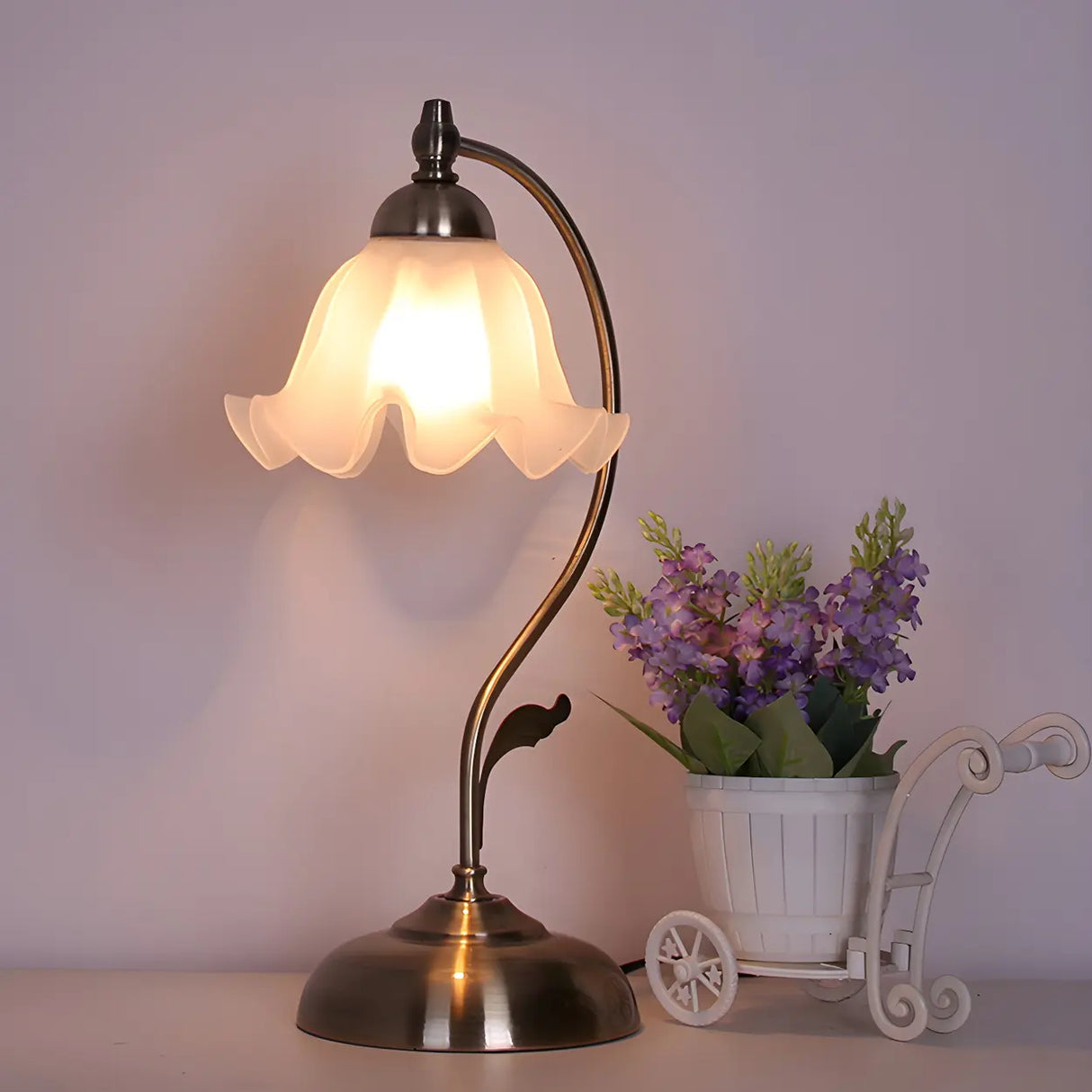 Vintage Flower Glass Table Lamp Brass Bedside Light Image - 1