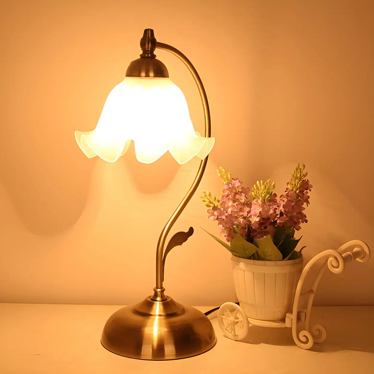 Vintage Flower Glass Table Lamp Brass Bedside Light Image - 10