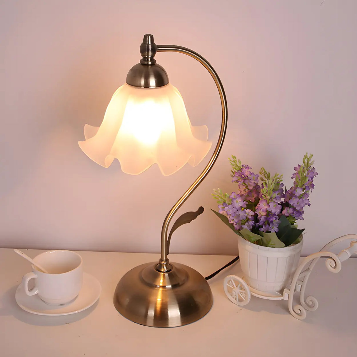 Vintage Flower Glass Table Lamp Brass Bedside Light Image - 11