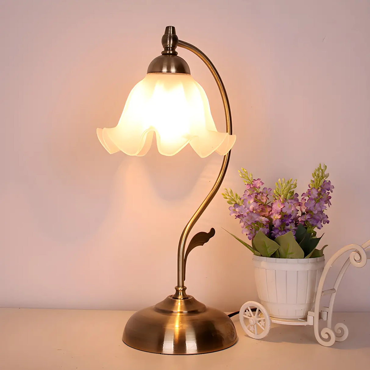 Vintage Flower Glass Table Lamp Brass Bedside Light Image - 3