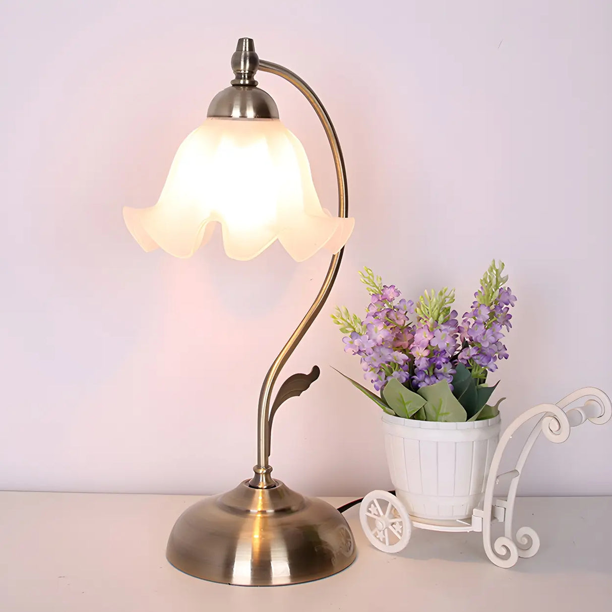 Vintage Flower Glass Table Lamp Brass Bedside Light Image - 4