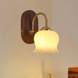 Vintage Flower Shaped Glass Walnut Wood Wall Sconce Image - 3