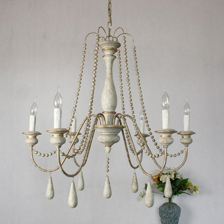 Vintage French Gray Wood Metal Candelabra Beaded Chandelier Image - 1