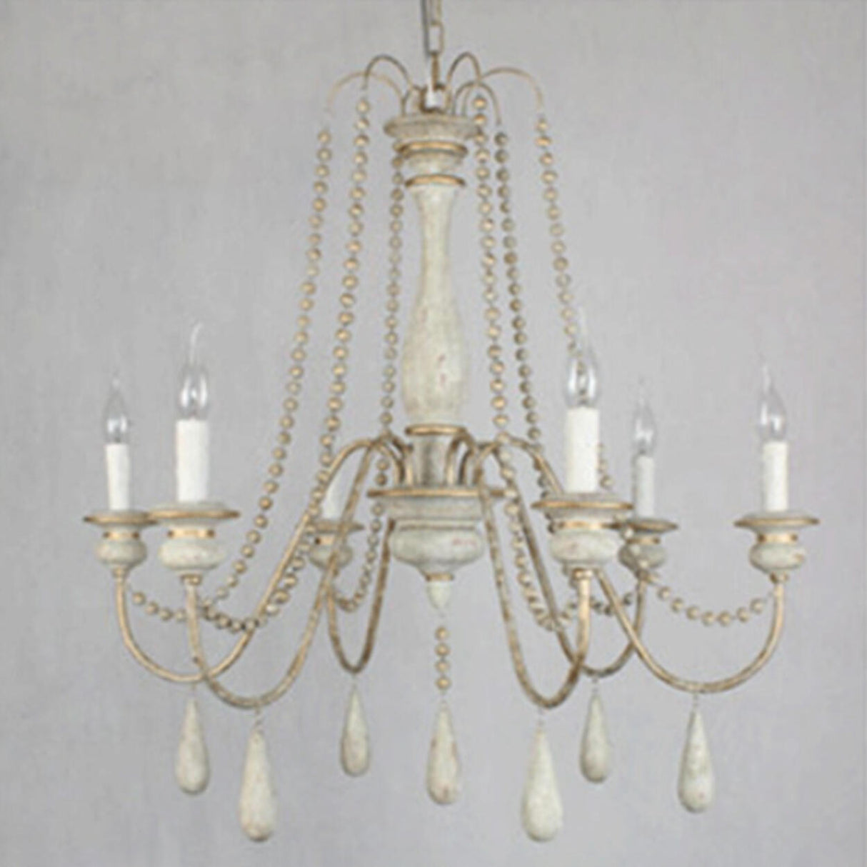 Vintage French Gray Wood Metal Candelabra Beaded Chandelier Image - 7