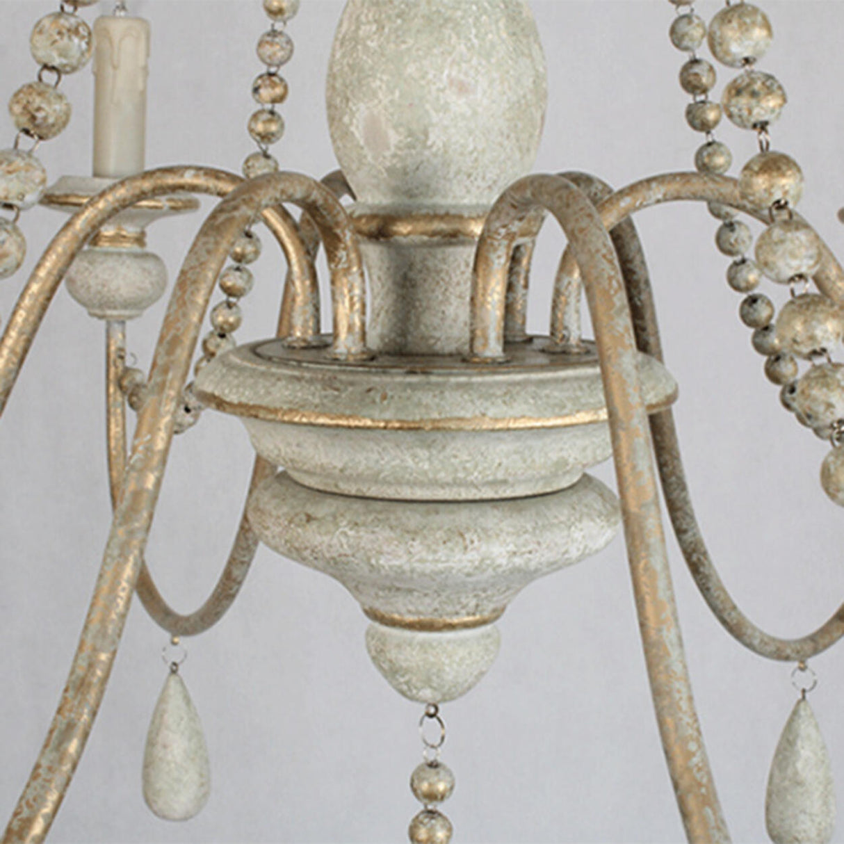 Vintage French Gray Wood Metal Candelabra Beaded Chandelier Image - 8