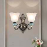 Vintage Frosted Flower Glass Gold Metal Wall Sconce Image - 4