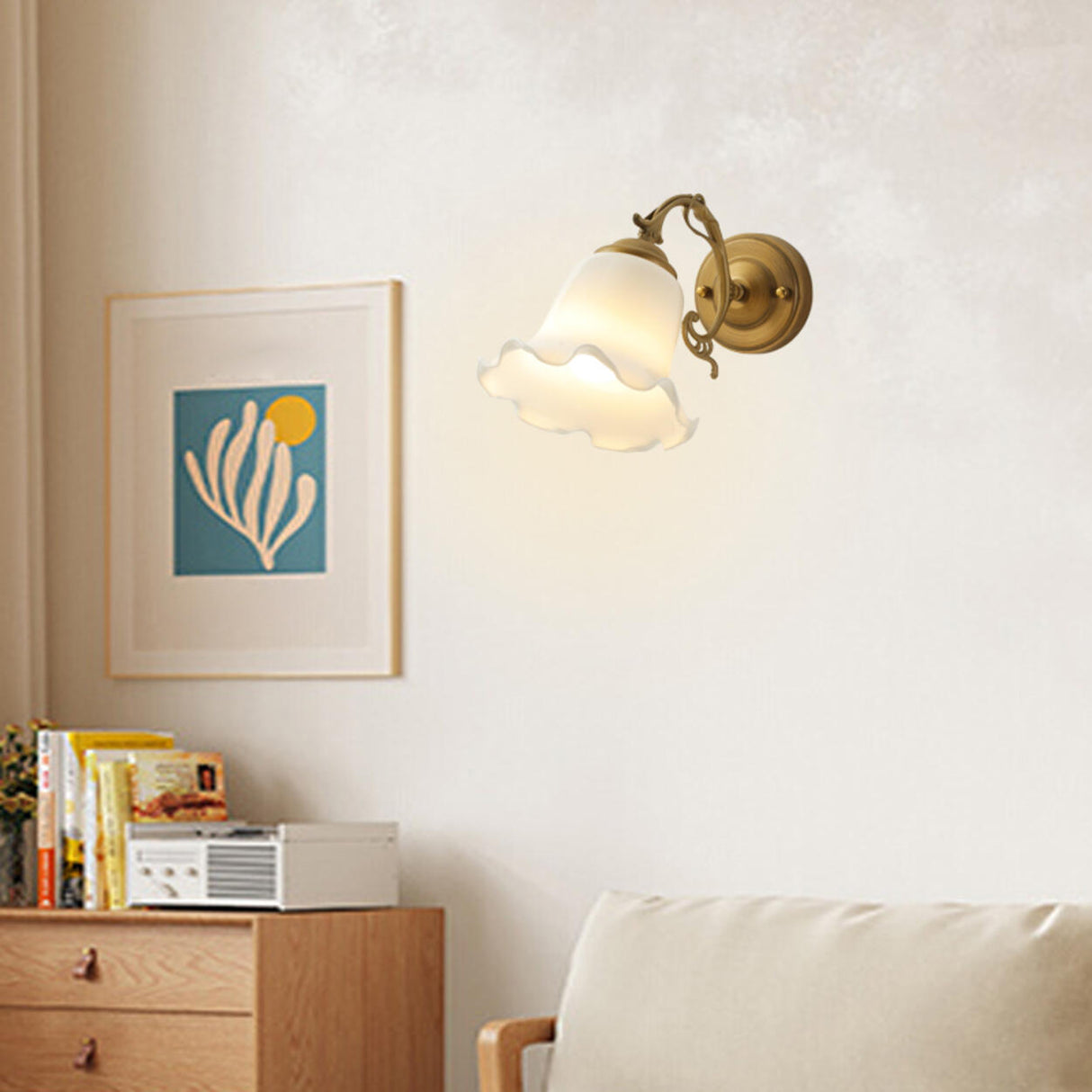 Vintage Frosted Glass Flower Gold Bedroom Wall Lamp Image - 2