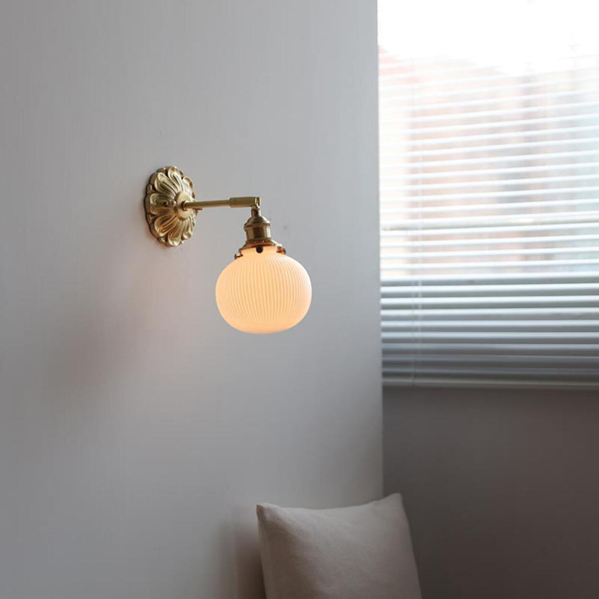 Vintage Frosted Glass Gold Drum Metal Wall Sconce Image - 3