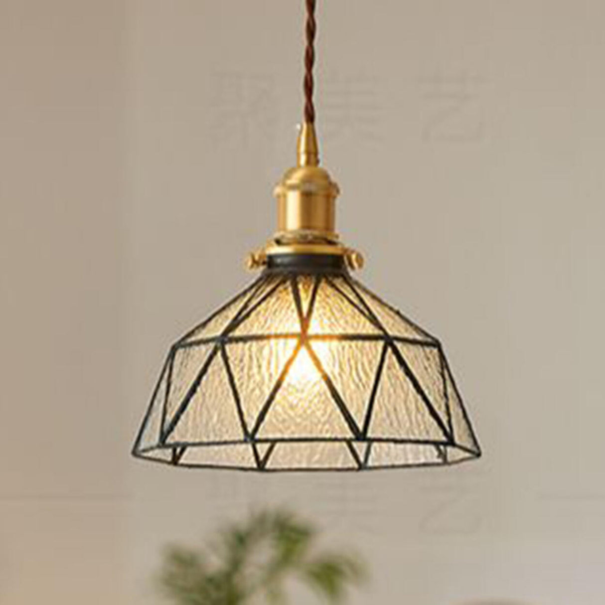 Vintage Geometric Amber Glass Dining Room Pendant Light Image - 13