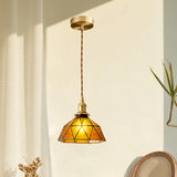 Vintage Geometric Amber Glass Dining Room Pendant Light Image - 5