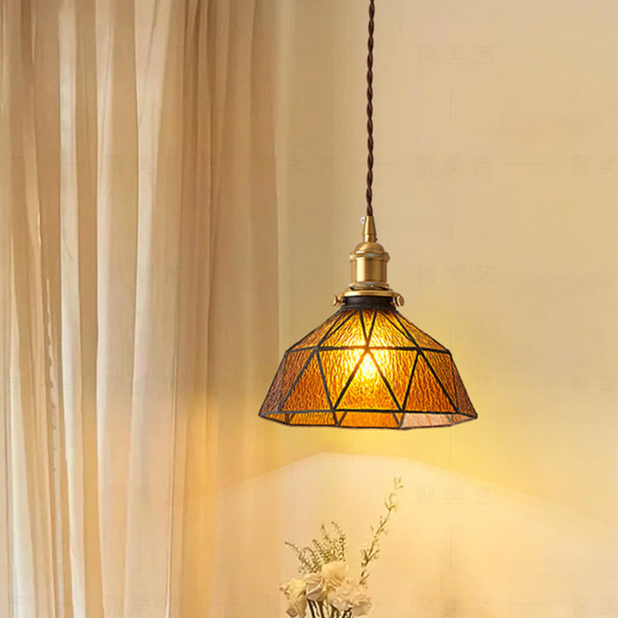 Vintage Geometric Amber Glass Dining Room Pendant Light Image - 6