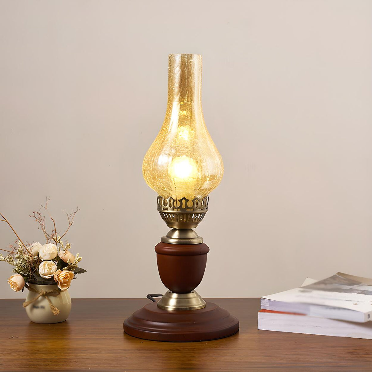 Vintage Glass Shade Candlestick Brass Base Table Lamp Image - 2