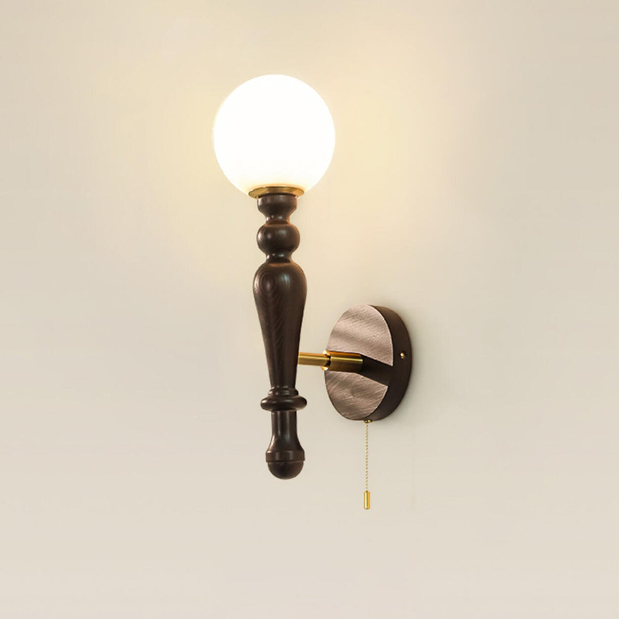 Vintage Globe Black Wood Wall Light with Pull Chain Image - 9