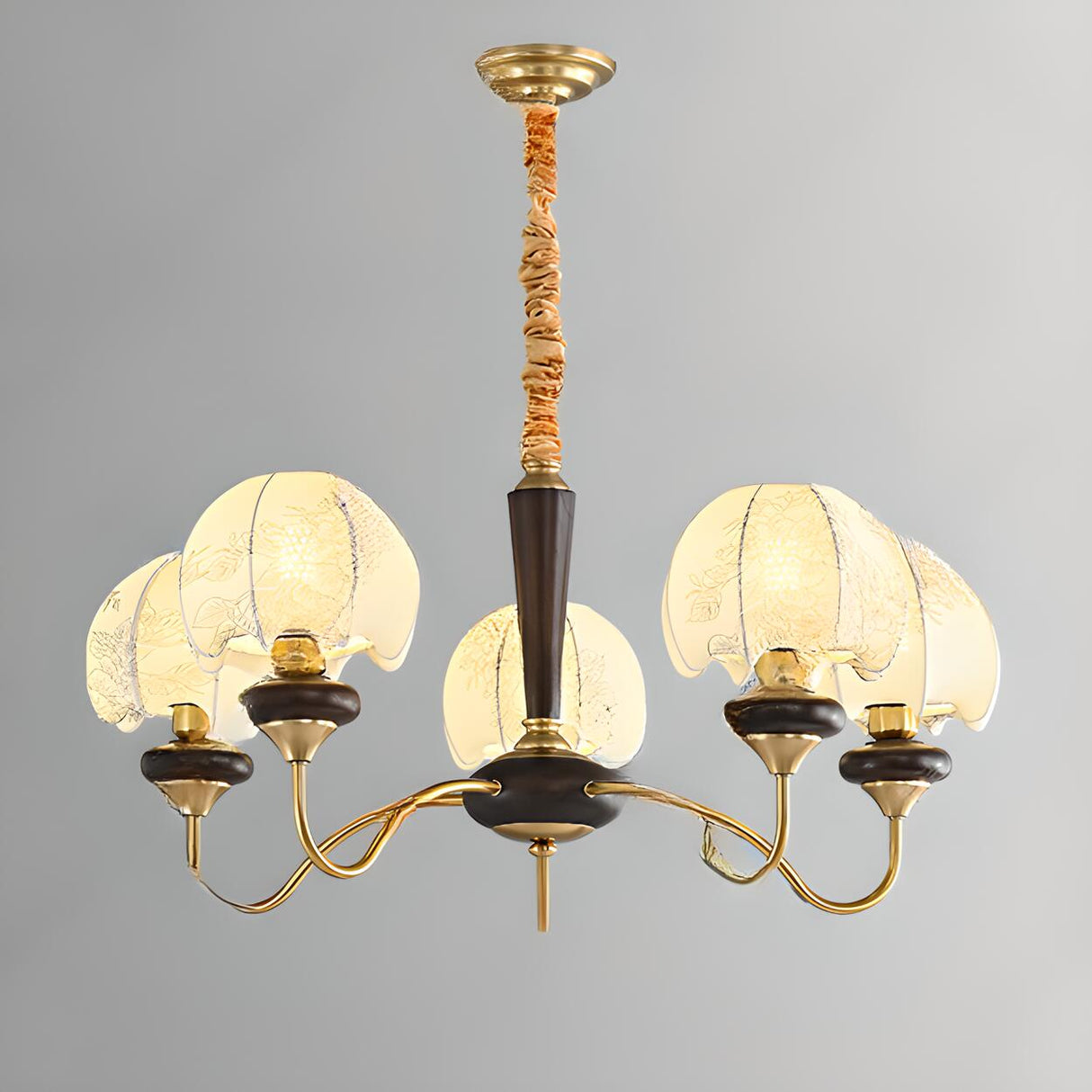 Vintage Gold 6 Lights Fabric Chandelier Adjustable Height Image - 7