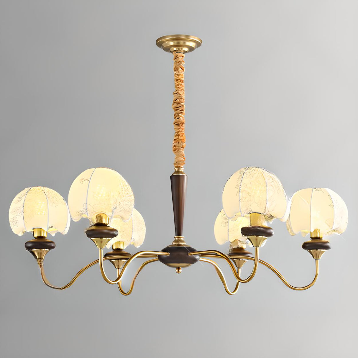 Vintage Gold 6 Lights Fabric Chandelier Adjustable Height Image - 8