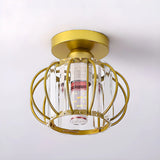 Vintage Gold Cage Crystal Semi-Flush Mount Ceiling Lamp Image - 7