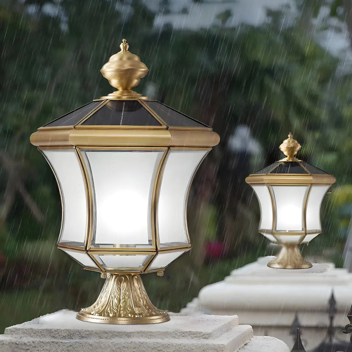 Vintage Gold Solar Lantern Whirlwind Glass Post Light Image - 15