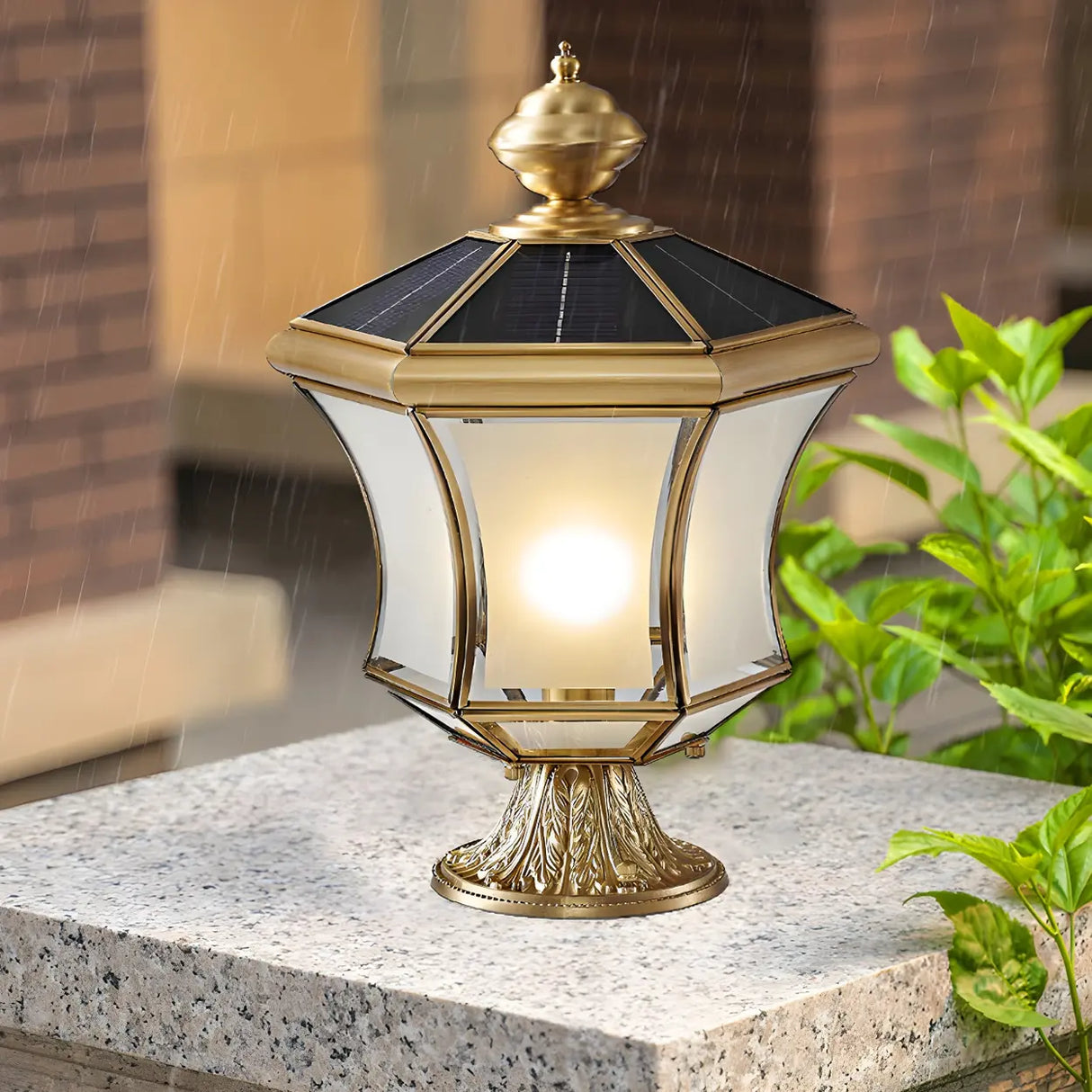 Vintage Gold Solar Lantern Whirlwind Glass Post Light Image - 5