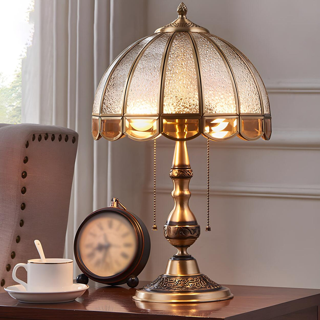 Vintage Golden Umbrella Dome Brass Glass Table Lamp Image - 1