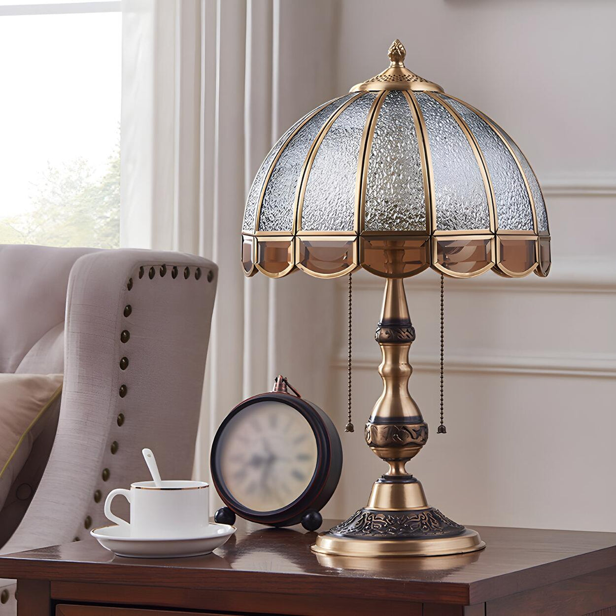 Vintage Golden Umbrella Dome Brass Glass Table Lamp Image - 10