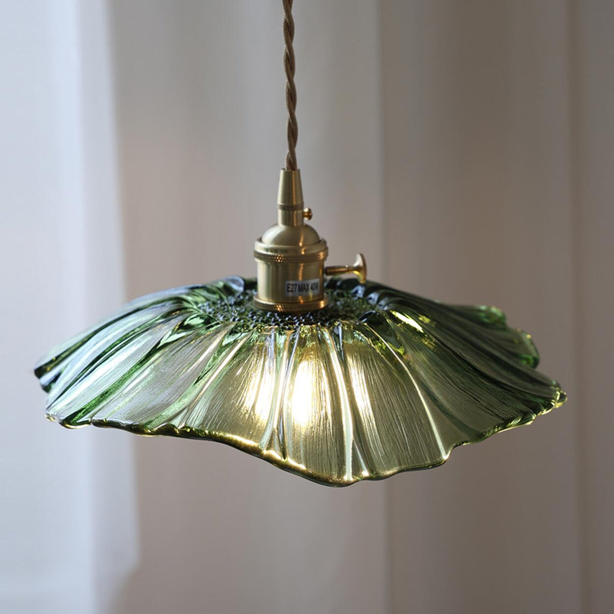 Vintage Green Glass Flower Brass Pendant Light Image - 1