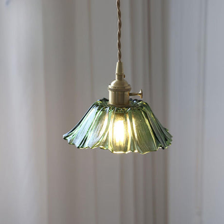 Vintage Green Glass Flower Brass Pendant Light Image - 2