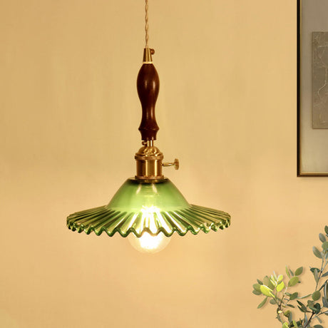 Vintage Green Glass Pendant Light Brass and Wooden Accent Image - 2