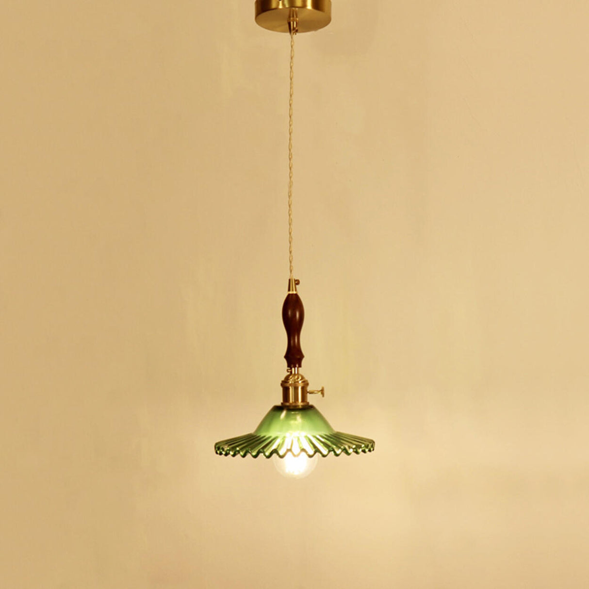 Vintage Green Glass Pendant Light Brass and Wooden Accent Image - 4