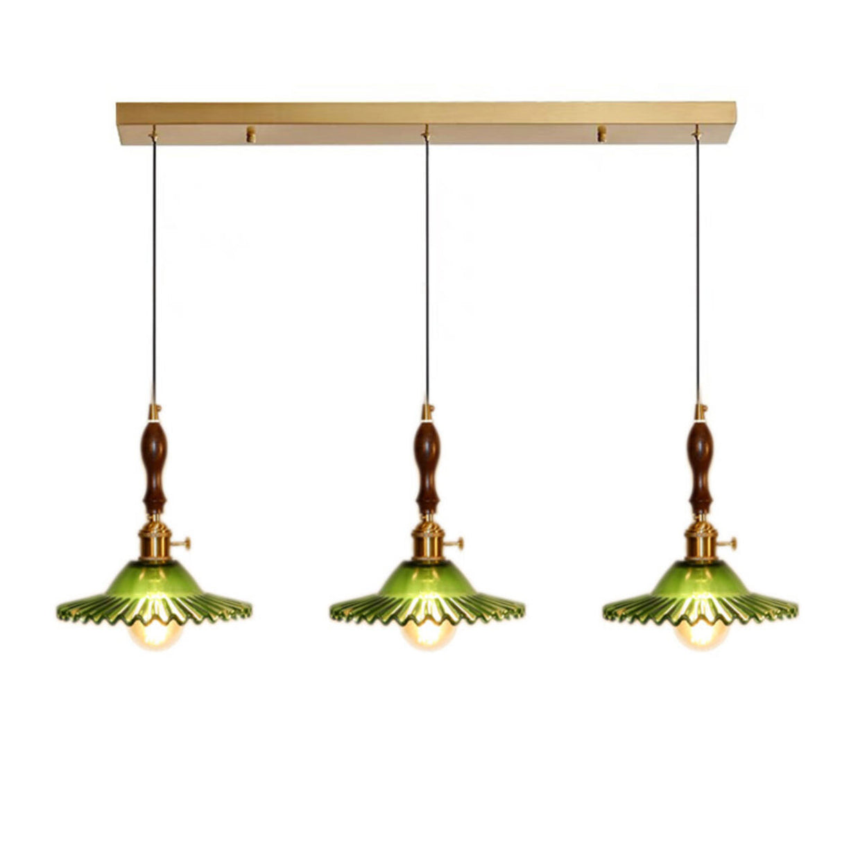 Vintage Green Glass Pendant Light Brass and Wooden Accent Image - 5