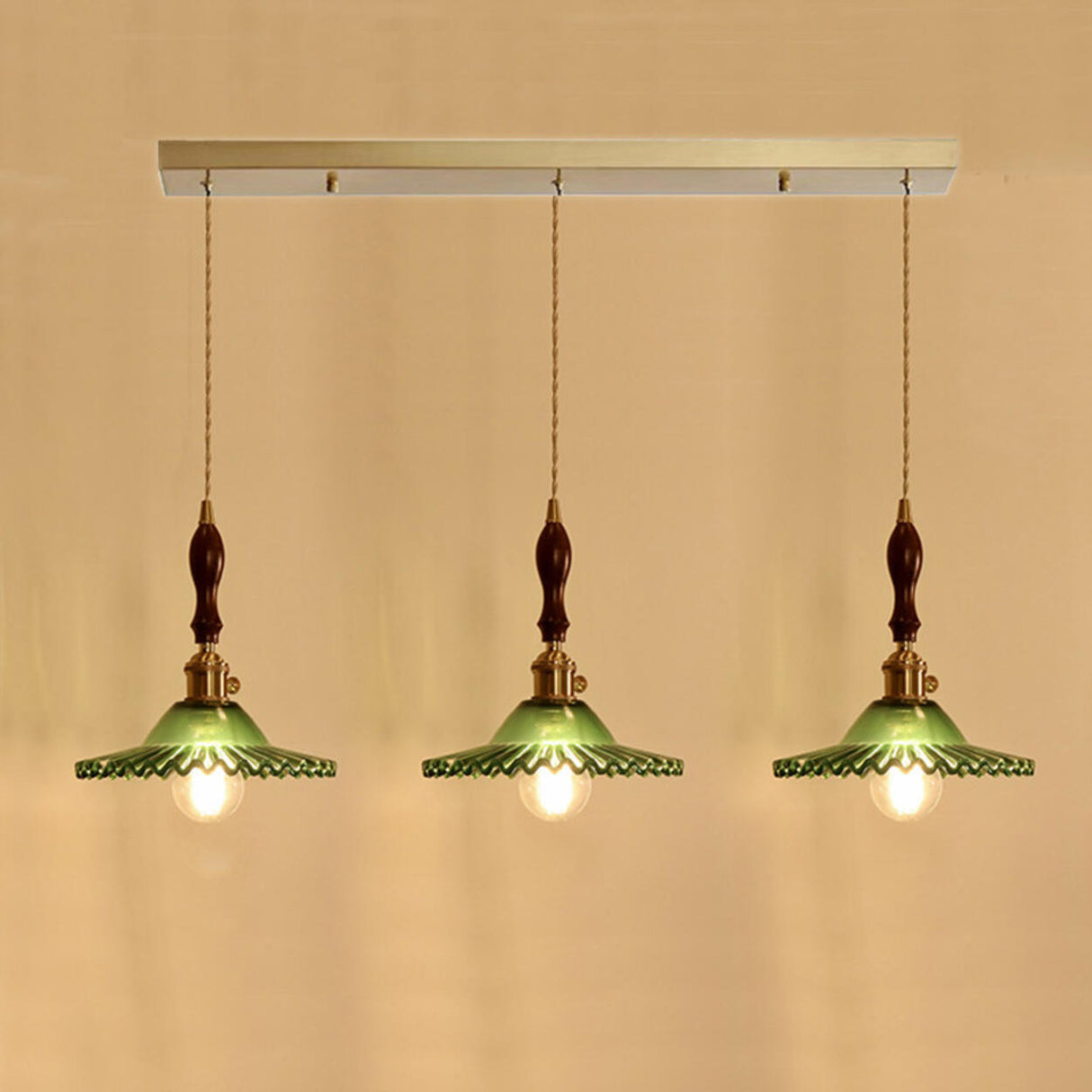 Vintage Green Glass Pendant Light Brass and Wooden Accent Image - 6