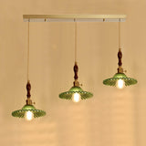 Vintage Green Glass Pendant Light Brass and Wooden Accent Image - 7