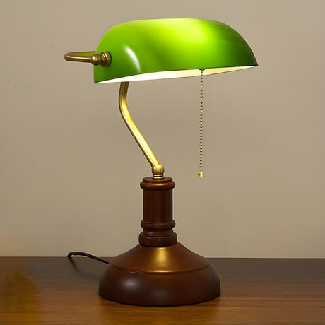 Vintage Green Glass Shade Wood Base Banker Table Lamp Image - 2