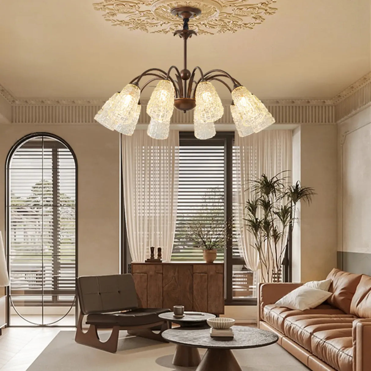 Vintage Large Glass Round Living Room Brown Chandelier Image - 4