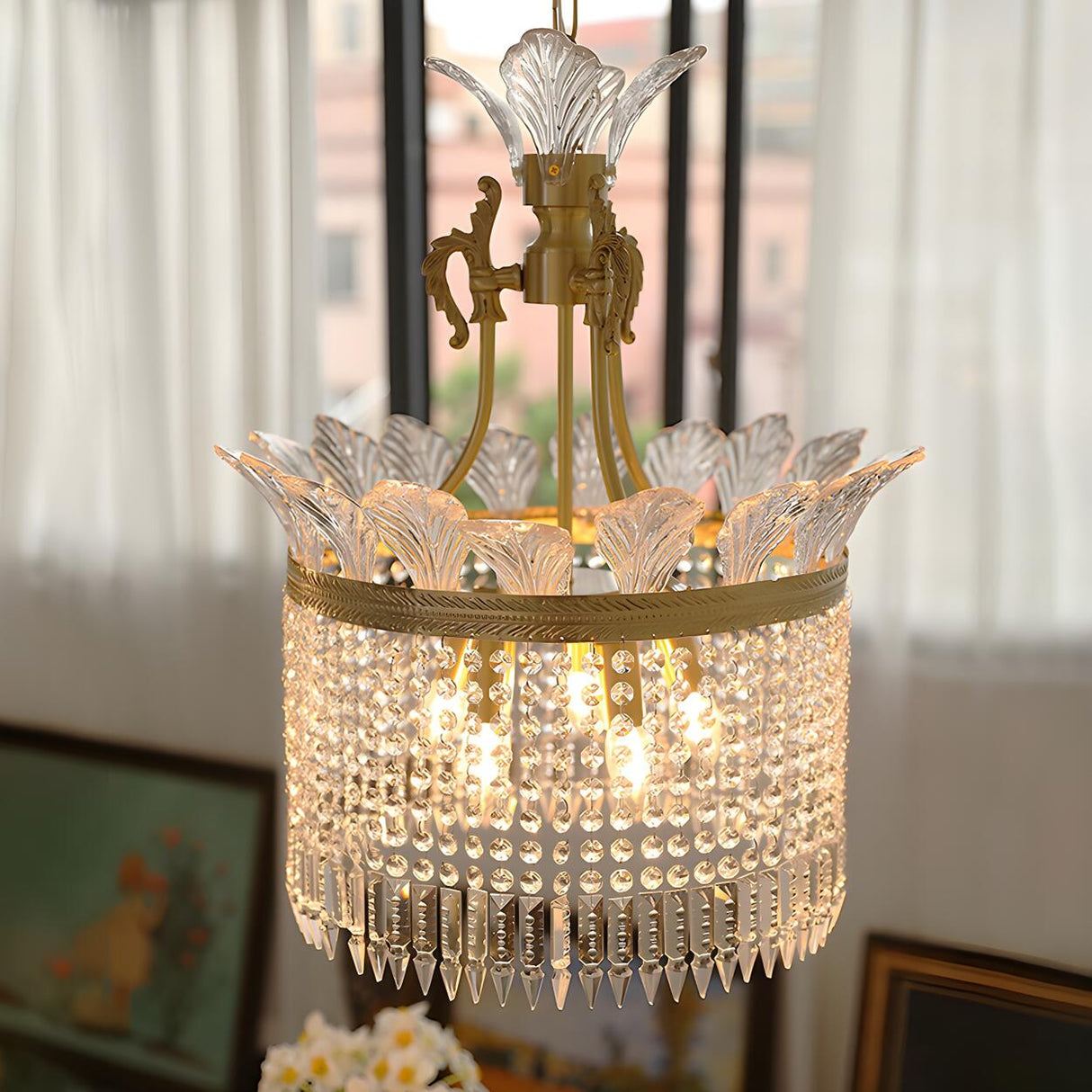 Vintage Leaf Shape Gold Crystal Chandelier Image - 9