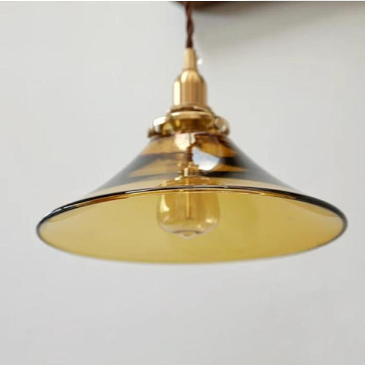 Vintage Living Room Amber Glass Cone Pendant Light Image - 6