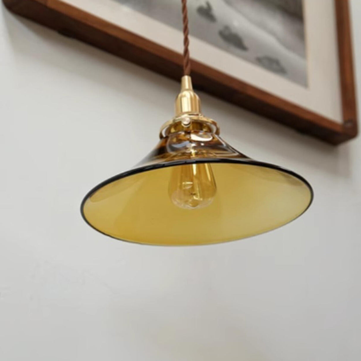 Vintage Living Room Amber Glass Cone Pendant Light Image - 8