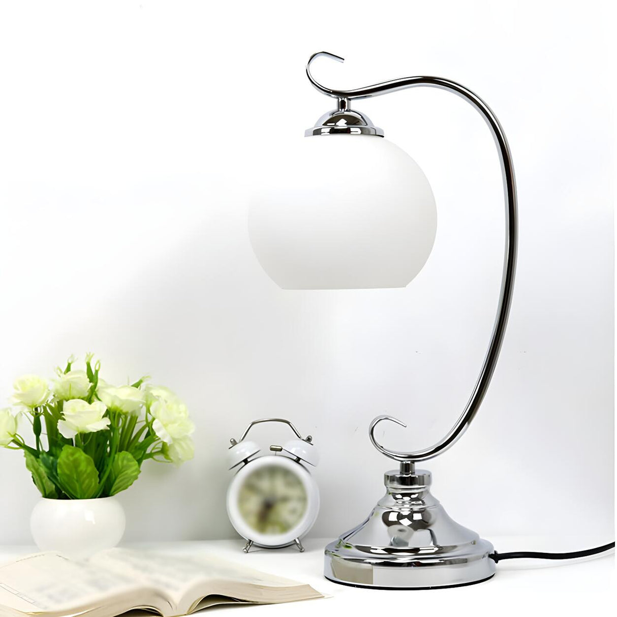 Vintage Metal Flower Curved Arm Bedroom Table Lamp Image - 10