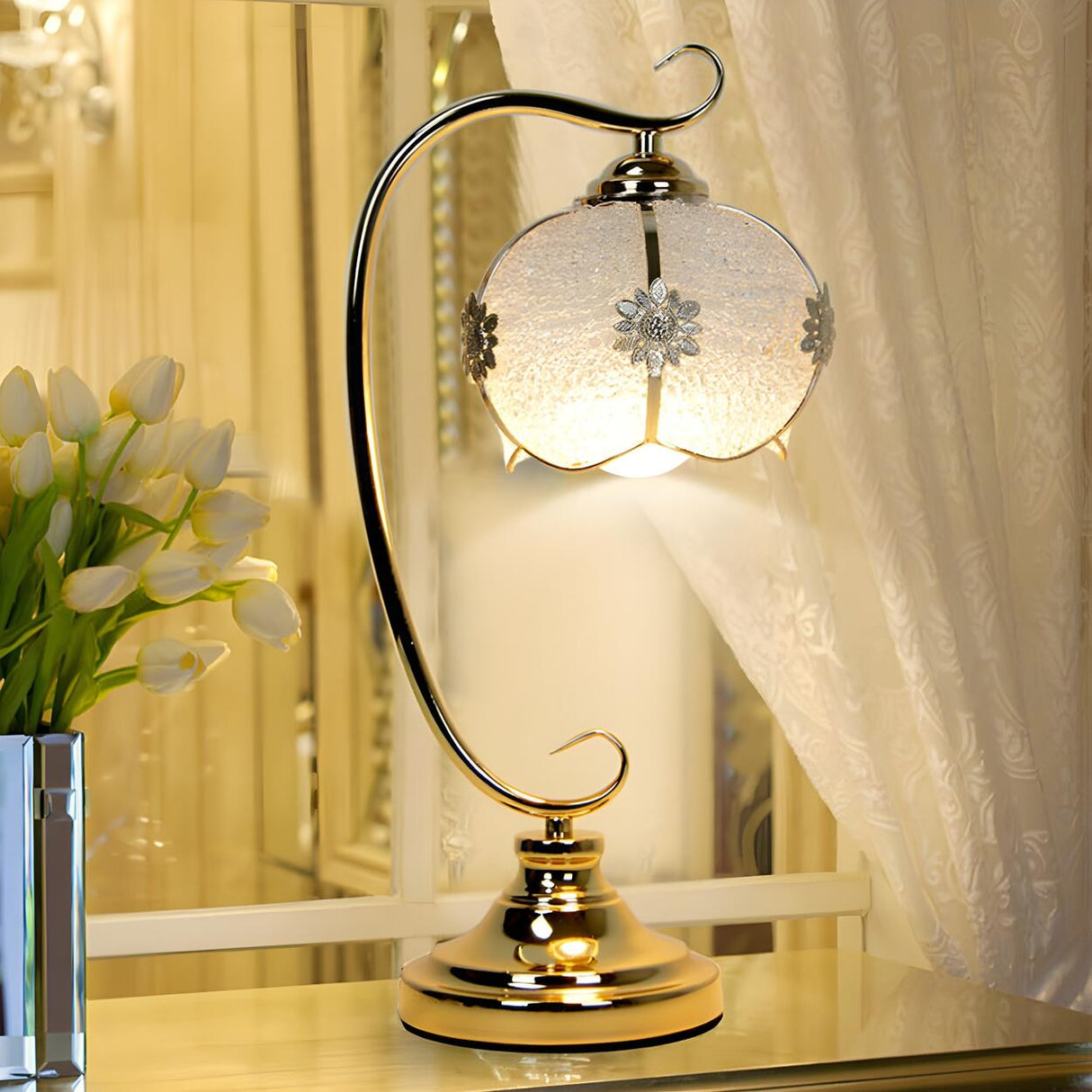 Vintage Metal Flower Curved Arm Bedroom Table Lamp Image - 11