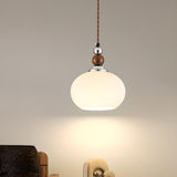 Vintage Milk Glass Globe Pendant Light Wood and Chrome Image - 4