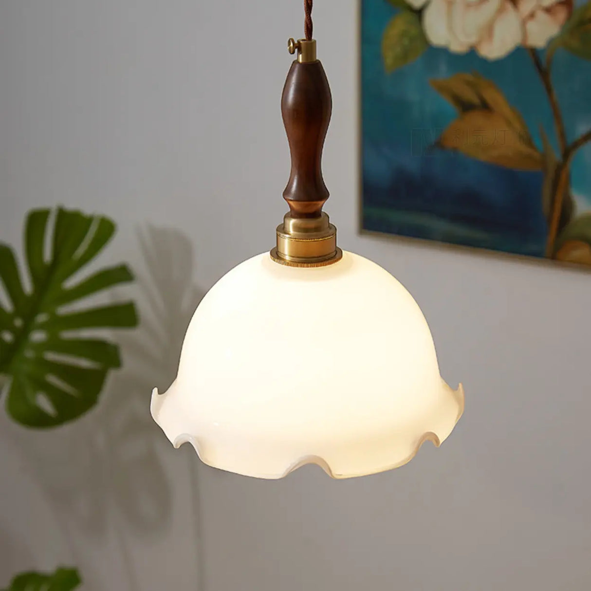 Vintage Pendant Flower Dome White Glass Pendant Light Image - 6