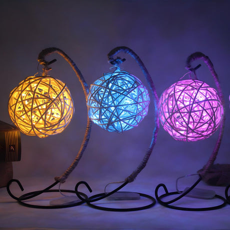 Vintage Rattan Ball Curved Arm Battery Night Light Image - 2