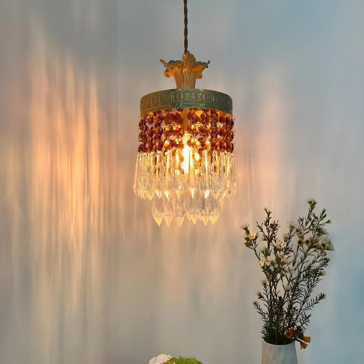 Vintage Red Cylinder Crystal Dining Room Pendant Light Image - 1