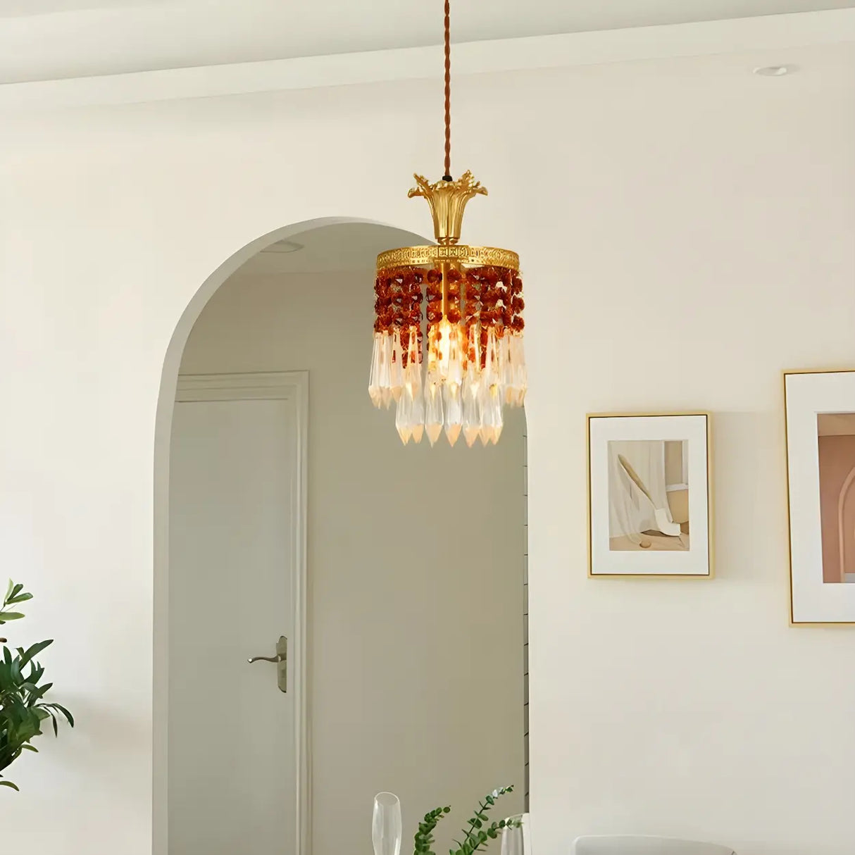 Vintage Red Cylinder Crystal Dining Room Pendant Light Image - 13