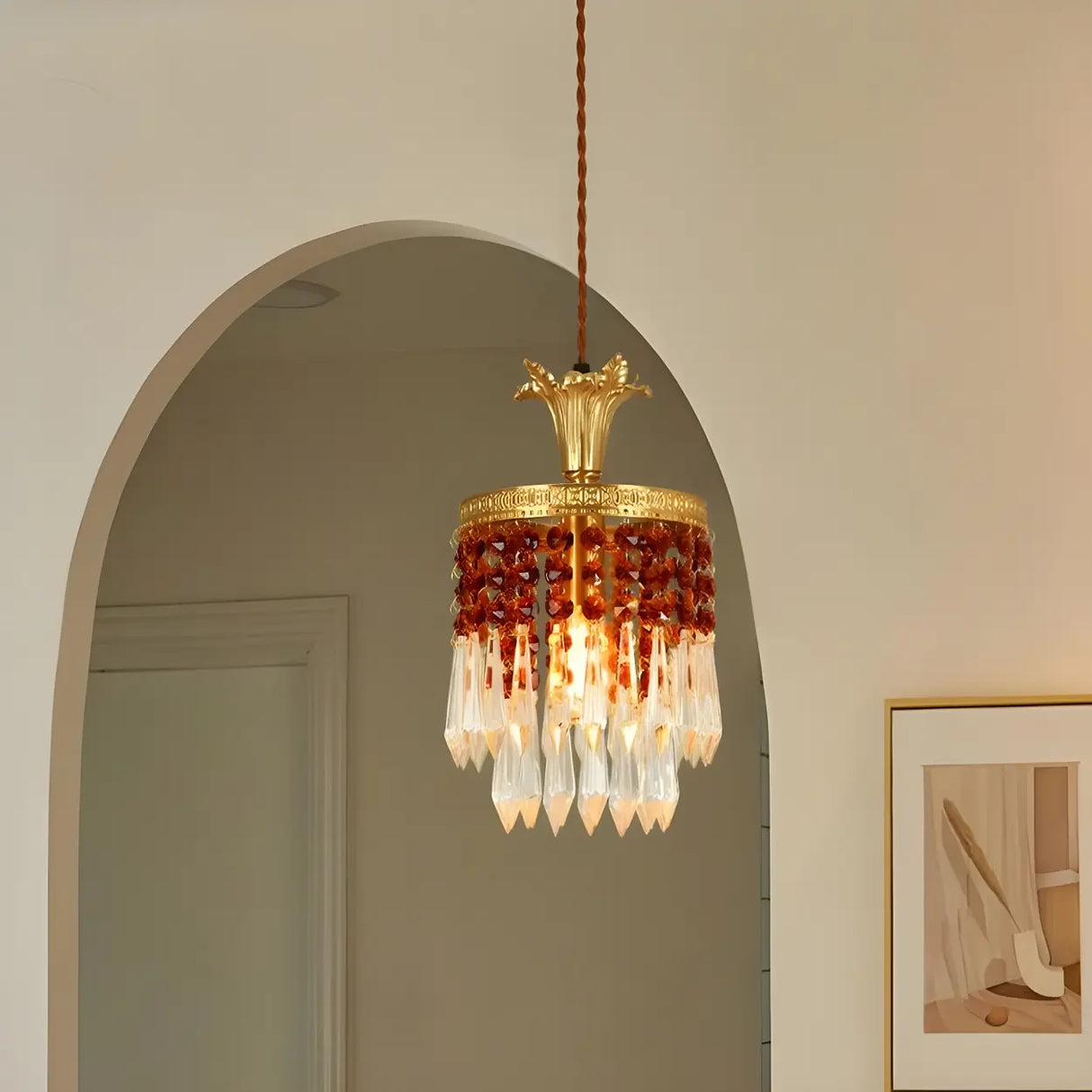 Vintage Red Cylinder Crystal Dining Room Pendant Light Image - 4