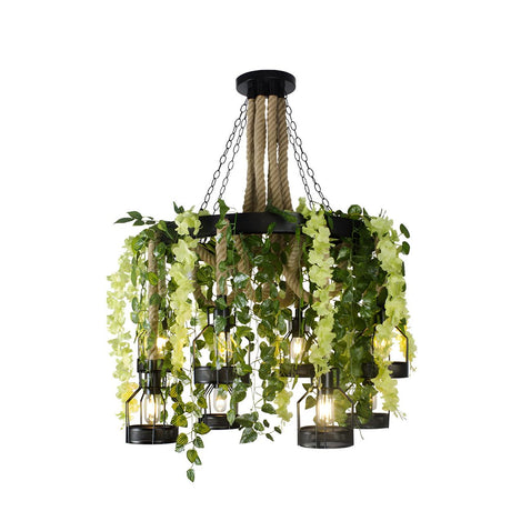 Vintage Restaurant Rope Green Flower Metal Cage Chandelier Image - 2