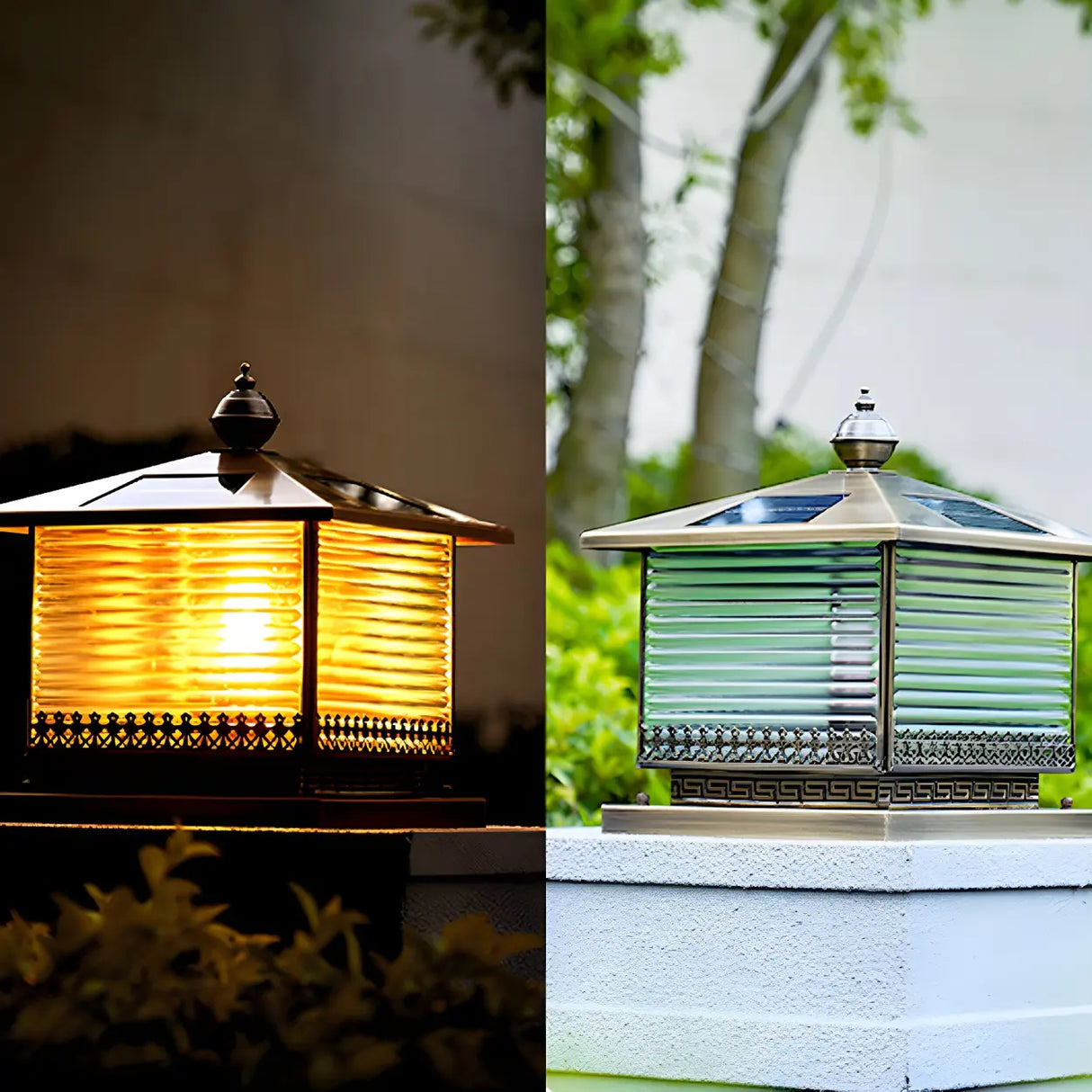 Vintage Solar Square Glass Lantern Bronze Post Light Image - 7