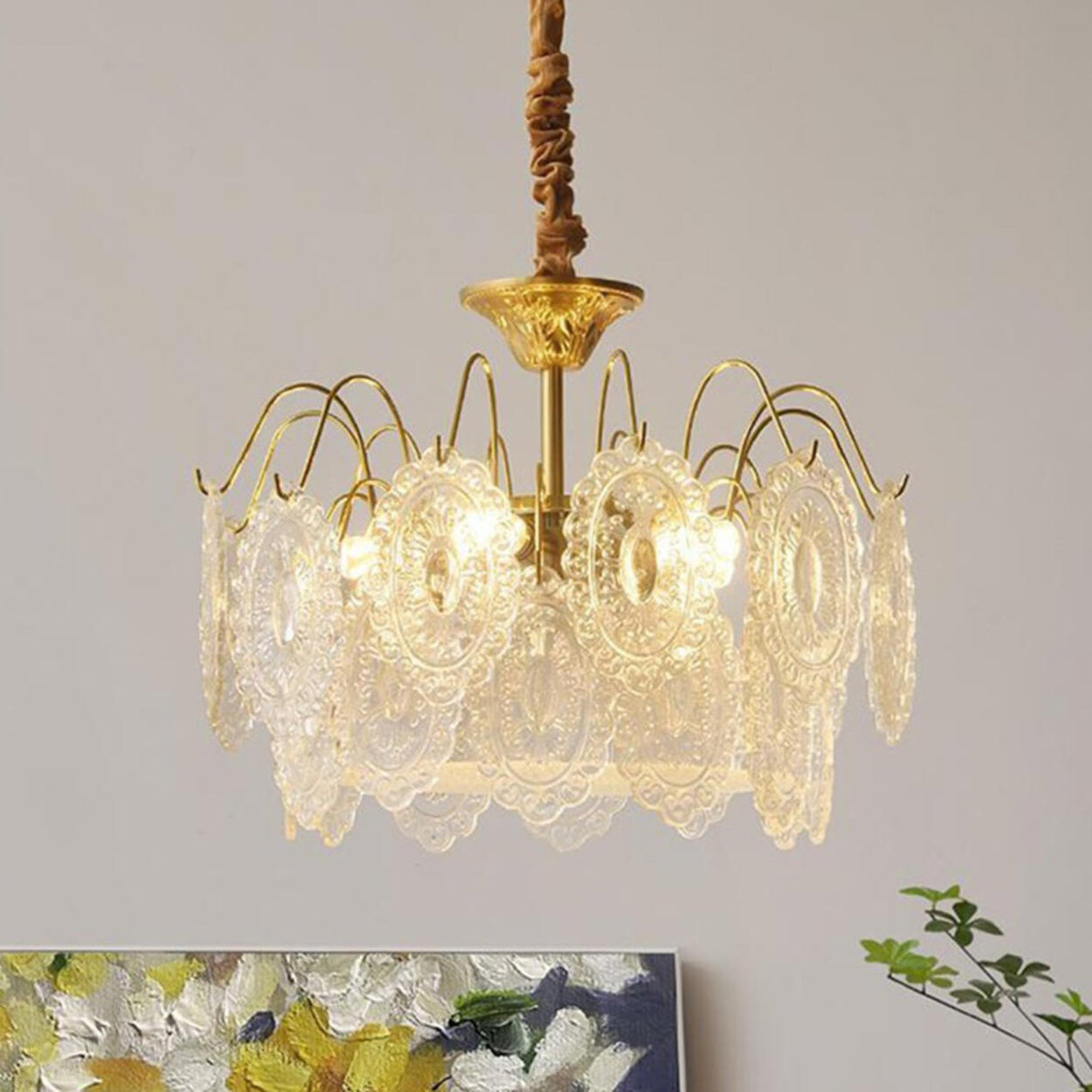 Vintage Tiered Gold Clear Glass Pendant Chandelier Image - 2